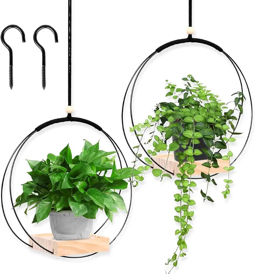 Blumenampel Hängend Innen, 2 Stück Hängende Pflanzgefäße mit Holzsockel, Hängepflanzen Topf Schwarz, Hängender Blumenampel, Blumen-ampel Pflanzenhalter für Wände Decken Garten Balkon