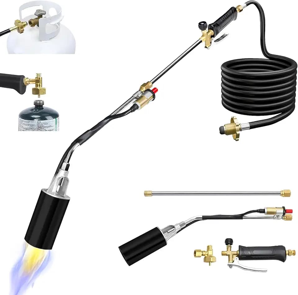 Heavy Duty Propane Weed Torch with Self Igniting, 800,000 BTU High Output Torch with Dual Flame Control, Extended Detachable Handle and 11.5 FT Hose for Weeding, Snow Melting, Roofing and Campfires