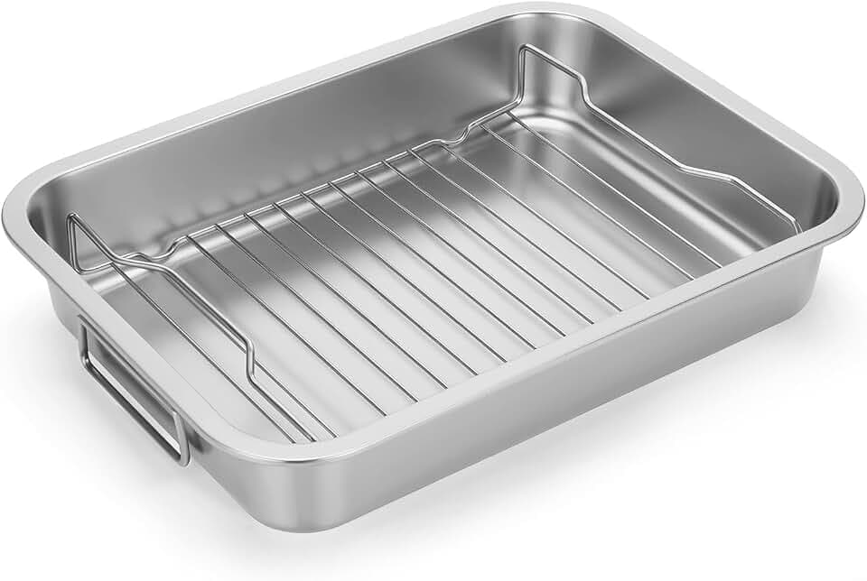 Tifanso Heavy Duty Stainless Steel Roasting Pan with Rack & Handle for Oven