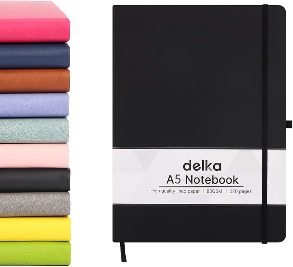 delka A5-Notizbuch, liniert, weicher Einband, Schreibblock für Büro, Schule, Uni, Zuhause und Geschäft, ideal für Notizen, Tagesplanung, Journaling und Studium, Schwarz, 1 Stück