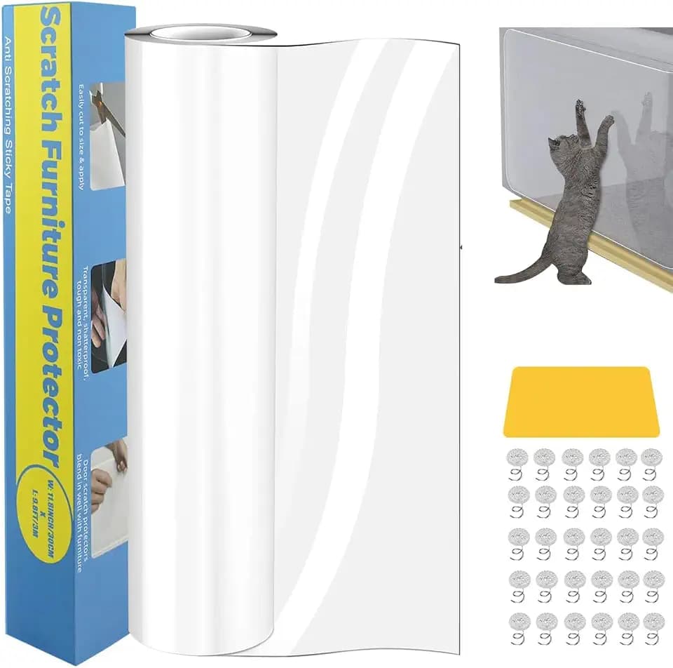 Kratzschutz Katze Tape, 30CM*3M Anti Kratz Folie für Katzen, Kratzschutz Sofa Katze Pad, Kratzschutzfolie Kratzfesten Schutzfolie für Sofa Wand Tür und Möbel, 20 Schrauben (30X300CM)
