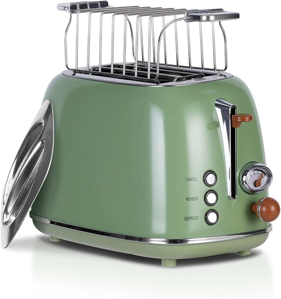 Wiltal Toaster Retro 2 Scheiben 6 Einstellbare Bräunungstufen (grün) | Edelstahl mit hochwertige Brötchenaufsatz Aufwärmen-Auftauen-Abbrechenfuktion，Countdown-Anzeige，Schnell-Toast-Technologie