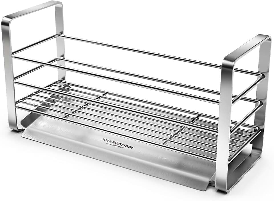 WAGENSTEIGER Stainless Steel Over Sink Organizer Rack, Sponge Holder, Soap Dispenser, Fast Drainage Kitchen Caddy with Removable Drainer Tray, Washbasin Caddy, Sink Drying Rack with Sloped Design