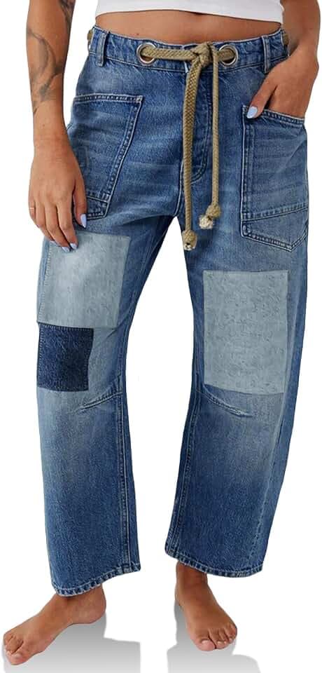 PLNOTME Damen Hufeisen-Jeans, weites Bein, Patchwork, niedrige Taille, Denim-Hose mit Taschen