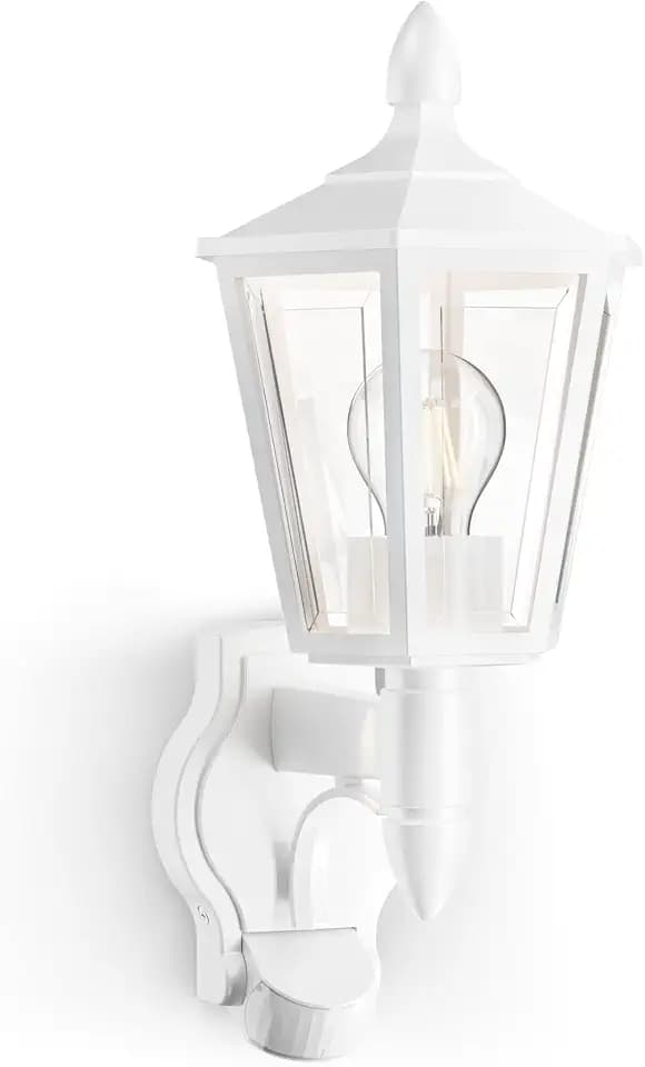 Steinel Außenleuchte L 16 S Weiß mit Bewegungsmelder – Wandleuchte für Außen, 180° PIR-Sensor bis 10 m, Dämmerungsschalter, IP44 wetterfest, E27-Fassung, Außenbeleuchtung für Haus, Terrasse & Eingang