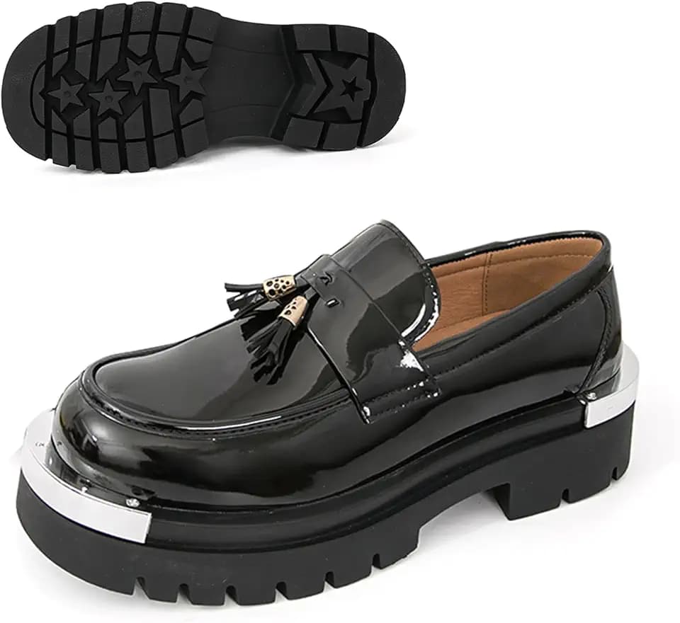 Men's Patent Leather Metal Decoration Chunky Platform Penny Loafers Luxury Round Toe Slip-On Lug Sole Dress Shoes Daily Non-Slip Shock Absorbing Outdoor Work Shoe