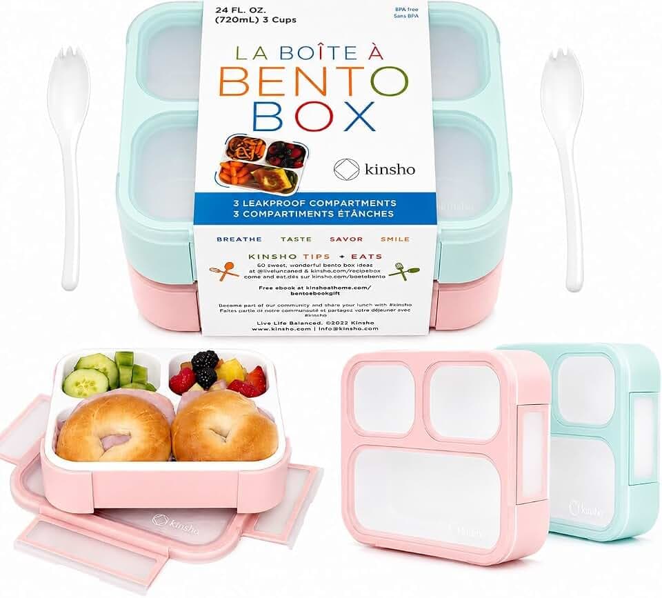 kinsho Medium Bento Box for Kids Toddlers, Lunch-Box for Boys Or Girls, Leakproof 3 Compartment Containers for Meal for Snack at Daycare School Travel, BPA Free, 2 Pack Pastel Teal + Pink