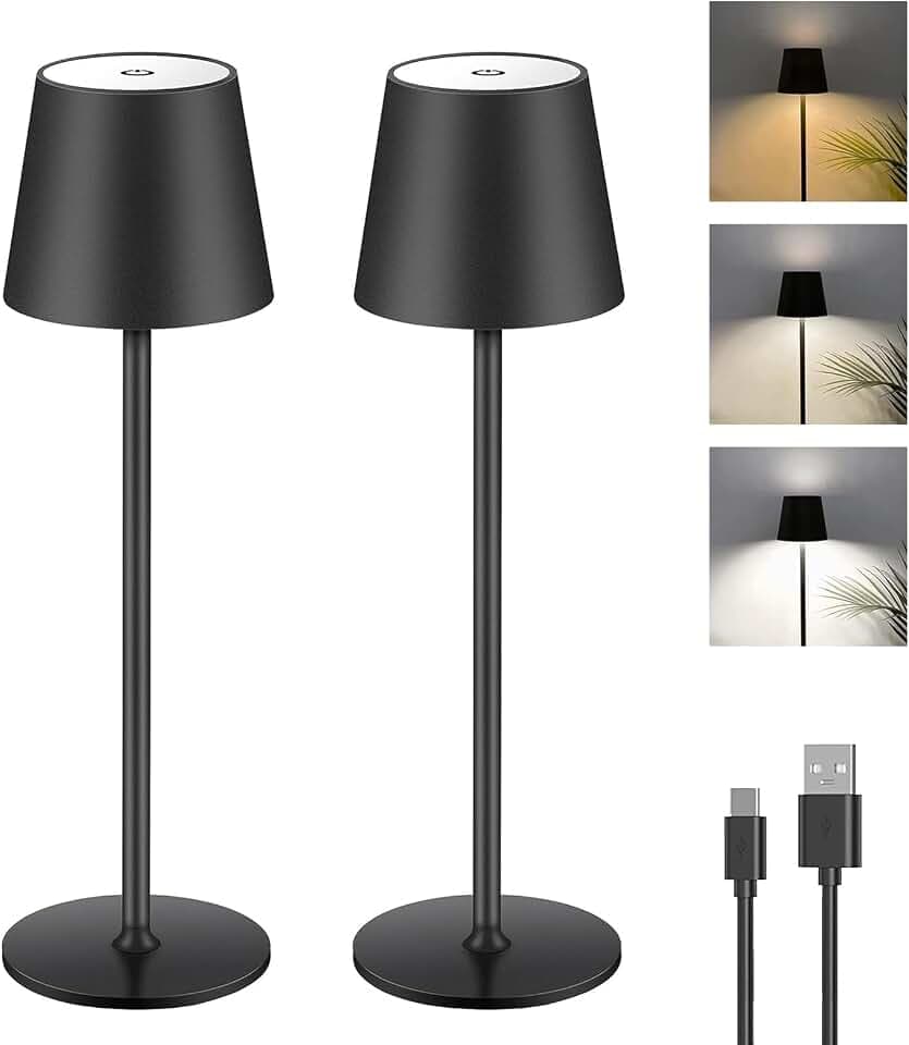 2 Stück Dimmbare LED Akku Tischlampe Touch Kabellose Tischleuchte mit USB-C | Metall LED Wiederaufladbar Akku Tischlampe für Outdoor und Indoor, Aluminium, IP44 Wasserdicht, 5600mAh, 5W, Schwarz