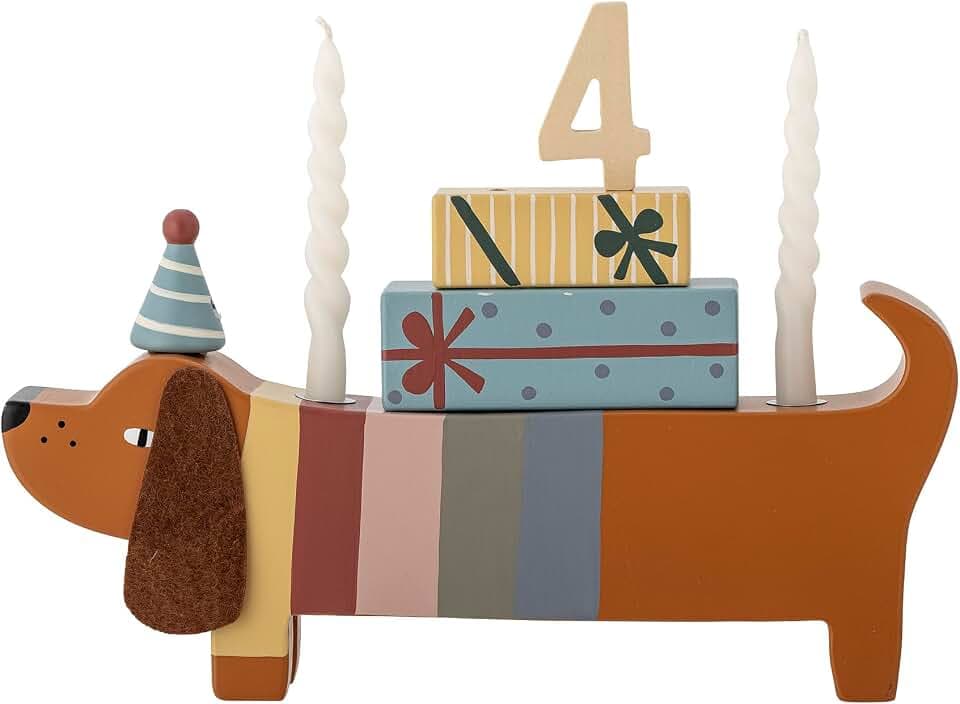 Bloomingville MINI Charlie Geburtstagsdekoration – Braun – FSC®100% Lotusbaumholz & MDF – Hund mit Kerzenhalter und Zahlen von 0-9 – Geschenkbox – 28 × 14 × 5 cm, 82054440