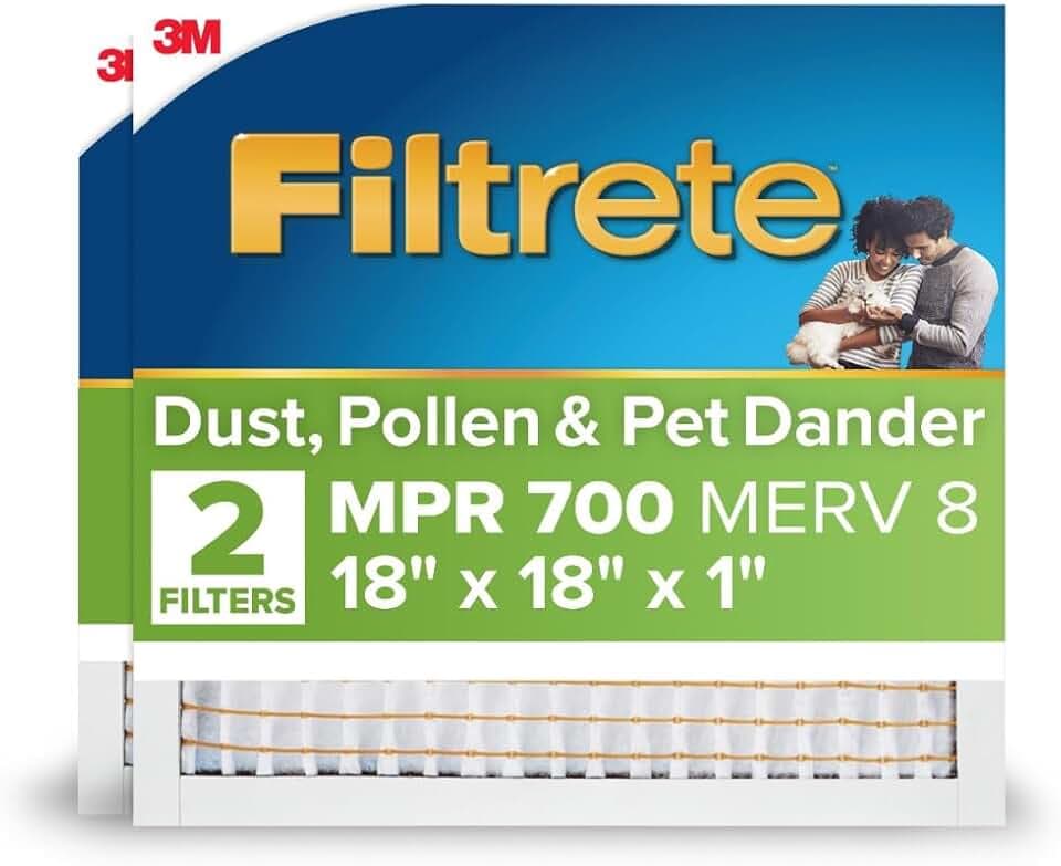 Filtrete 18x18x1 AC Furnace Air Filter, MPR 700, MERV 8, Tough on Pollen, Easy on Airflow, 3-Month Pleated 1-Inch Electrostatic Air Cleaning Filter, 2-Pack (Actual Size 17.81 x 17.81 x 0.81 in)