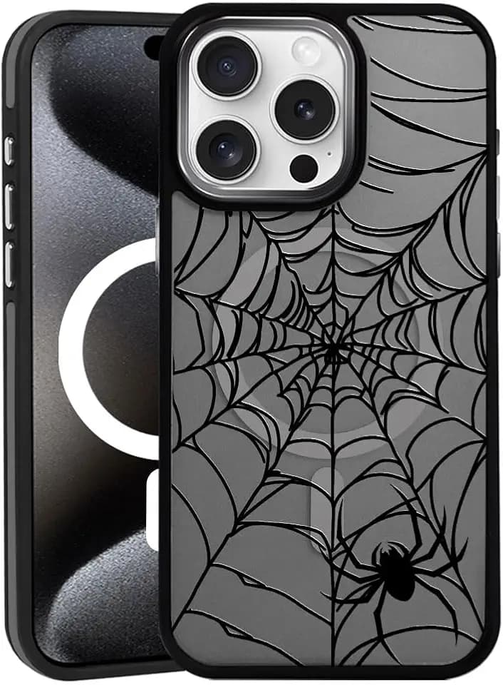 DAIZAG Magnetic Case for iPhone 14, [All-Around Shockproof Corners] [Compatible with MagSafe], Black Translucent Matte Cover,Cool Spider Web Goth