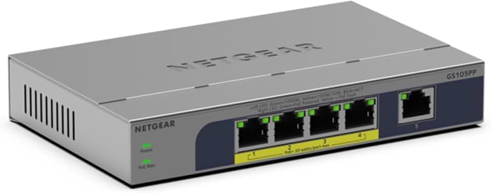 NETGEAR 5-Port Gigabit Ethernet Unmanaged PoE+ Switch: 4 PoE+ mit 83 W, dynamisches PoE, lüfterlos, Desktop oder Wandbefestigung (GS105PP)