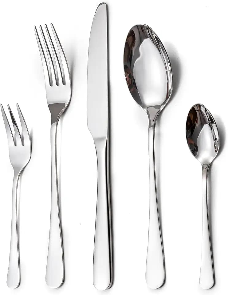Besteck Set, Edelstahl Spiegelpoliert 30 teilig Besteckset für 6 Personen, Essbesteck Set mit Messer Gabel Löffel für Familie/Party/Hotel/Restaurant, Silber Tafelbesteck, Spülmaschinenfest