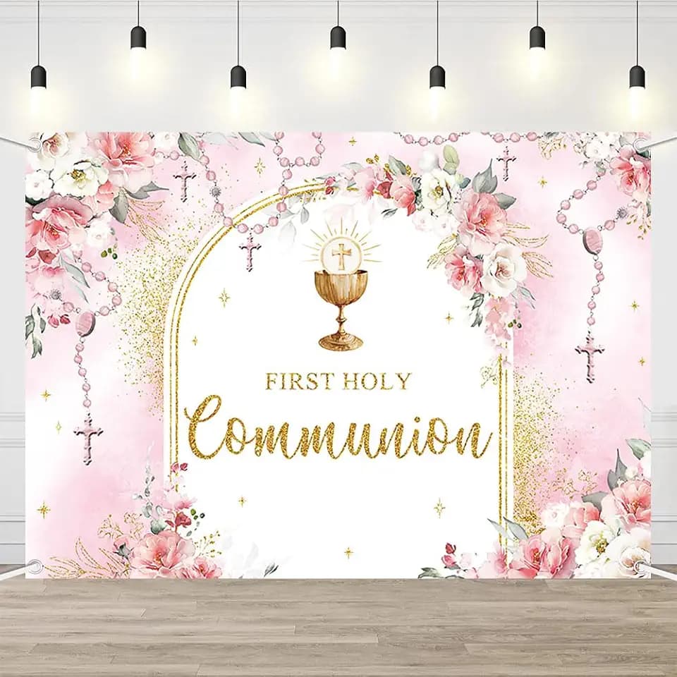 AIBIIN 7x5ft First Holy Communion Backdrop for Girl Mi Primera Comunión Party Decorations Pink and Elegant Floral Party Banner Flower Garland Dove Bible God Bless Party Photo Props