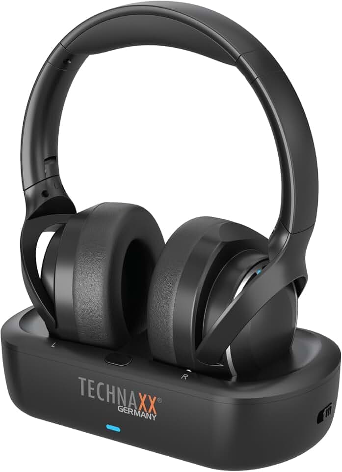 Technaxx TV Kopfhörer kabellos mit Ladestation – Funkkopfhörer für Fernseher mit Bluetooth 5.4, Mikrofon, 30h Akku, USB-C, optischer & AUX-Anschluss, Over-Ear Stereo Headset - TX-350