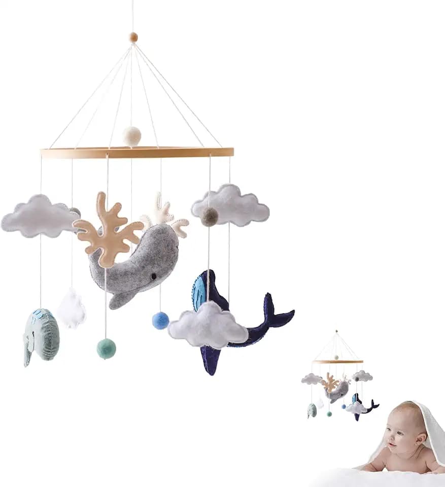 Mobile Baby Meerestiere mit Filzbällen, Babyzimmer Tier Delphine Wale Holz Gehäkelt Mobile Neugeborene Junge Mädchen Wolken Tiere Bettglocke Anhänger Babybett Kinderbett Wickeltisch Deko