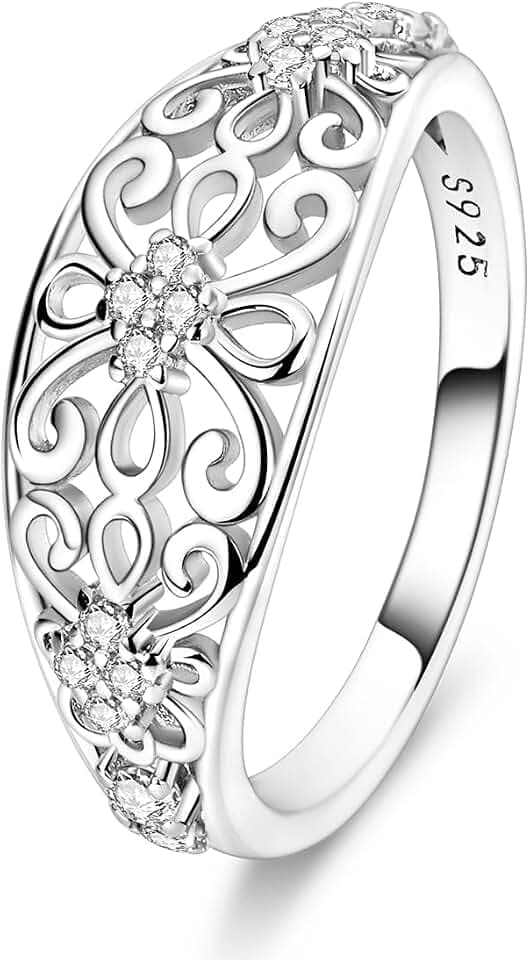 Hapour 925 Sterling Silver Ring for Women, Victorian Leaf Filigree Vintage Ring with CZ Stones Simple Statement Eternity Rings Everyday Unique Wedding Band Size 6-9