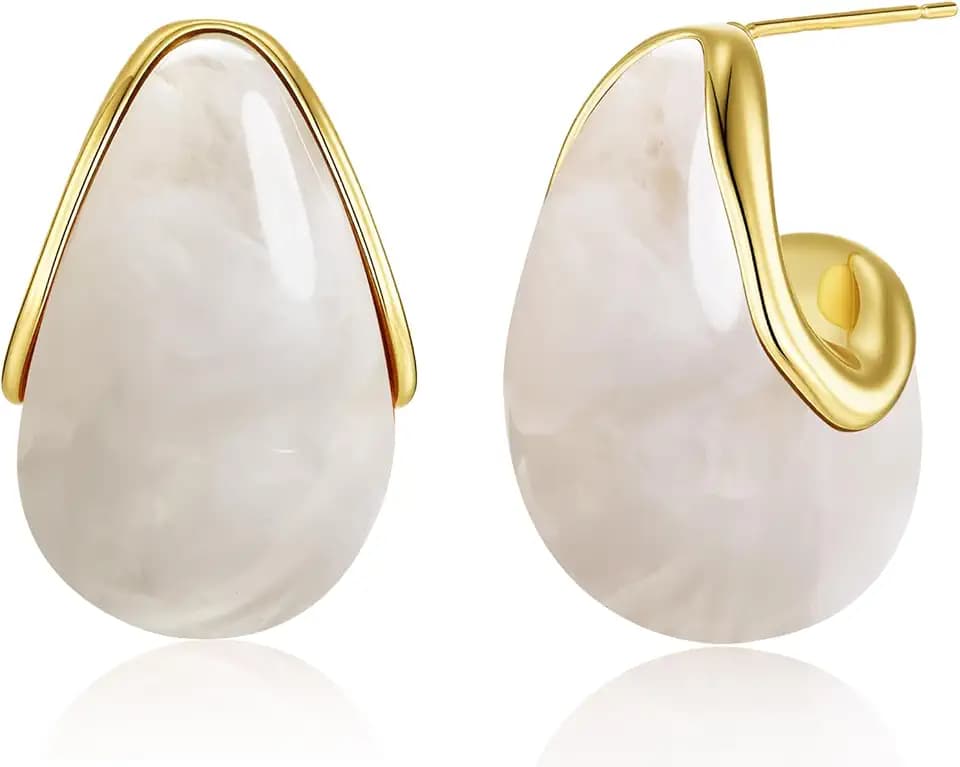 SNGIA Oval C Shape Chunky Dangle 18K Gold Plated Hoops with Colored Resin Gemstone Statement Earrings for Women by SNGIA, (Green, Brown, Blue, Pink, White, Cream), Long Bold Drop Handmade Exaggerated Irregular Trendy Bohemian Jewelry Gifts, Unique Dangling Teardrop Baroque Stone Summer Beach Fashion Earrings Accessories, Round Vintage Thick Circular Nickle Free Huggies Hoop Earrings.