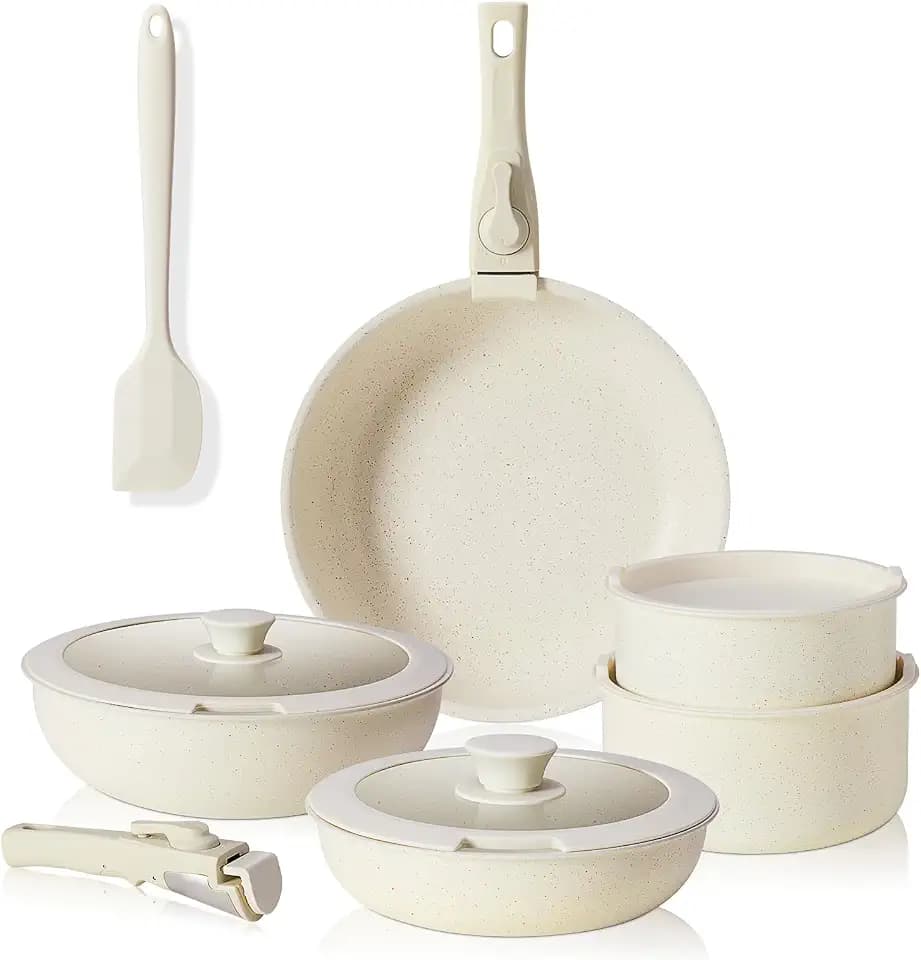 Sweetcrispy Töpfe und Pfannen Set,12-teiliges Pfannenset mit abnehmbaren Griffen Set, Pfanne 20/26 cm, Topf 18/20 cm, Bratpfanne 26 cm, Antihaftbeschichtung, Kochtopf stapelbar Induktion, Backofenfest