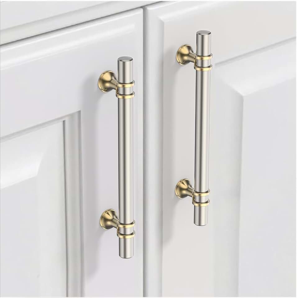 9BUILD 10 Stück Schrankgriffe Nickel Gold Lochabstand 128mm Griffe für Küchenschränke Gerändelte Möbelgriffe Küchengriffe griffe möbel Küchenschrank Schranktürgriffe EU0044