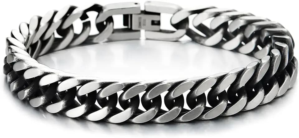 Mens Stainless Steel Two-tone Curb Chain Bangle Bracelet, Satin Finish