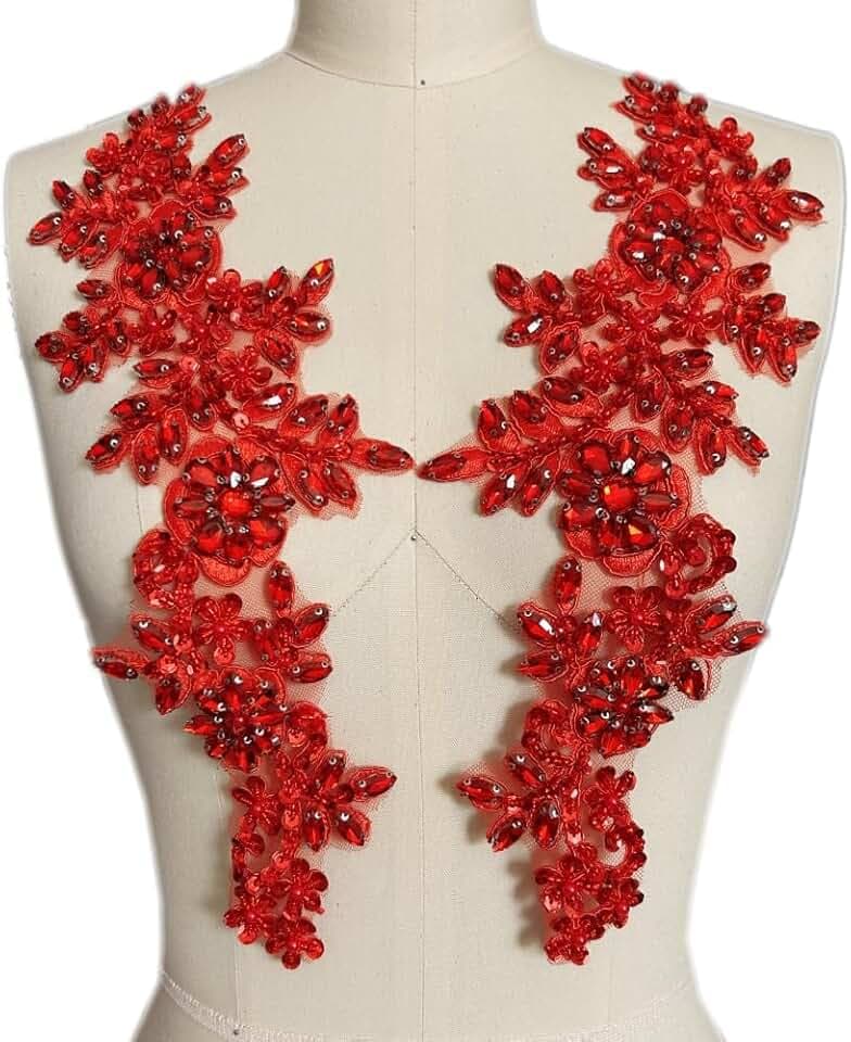 1 Pair Rhinestones Lace Applique Accessories Handsewing Glass Beads Stones Trim Patches for DIY Girl Wedding Dress Decorations (Red)