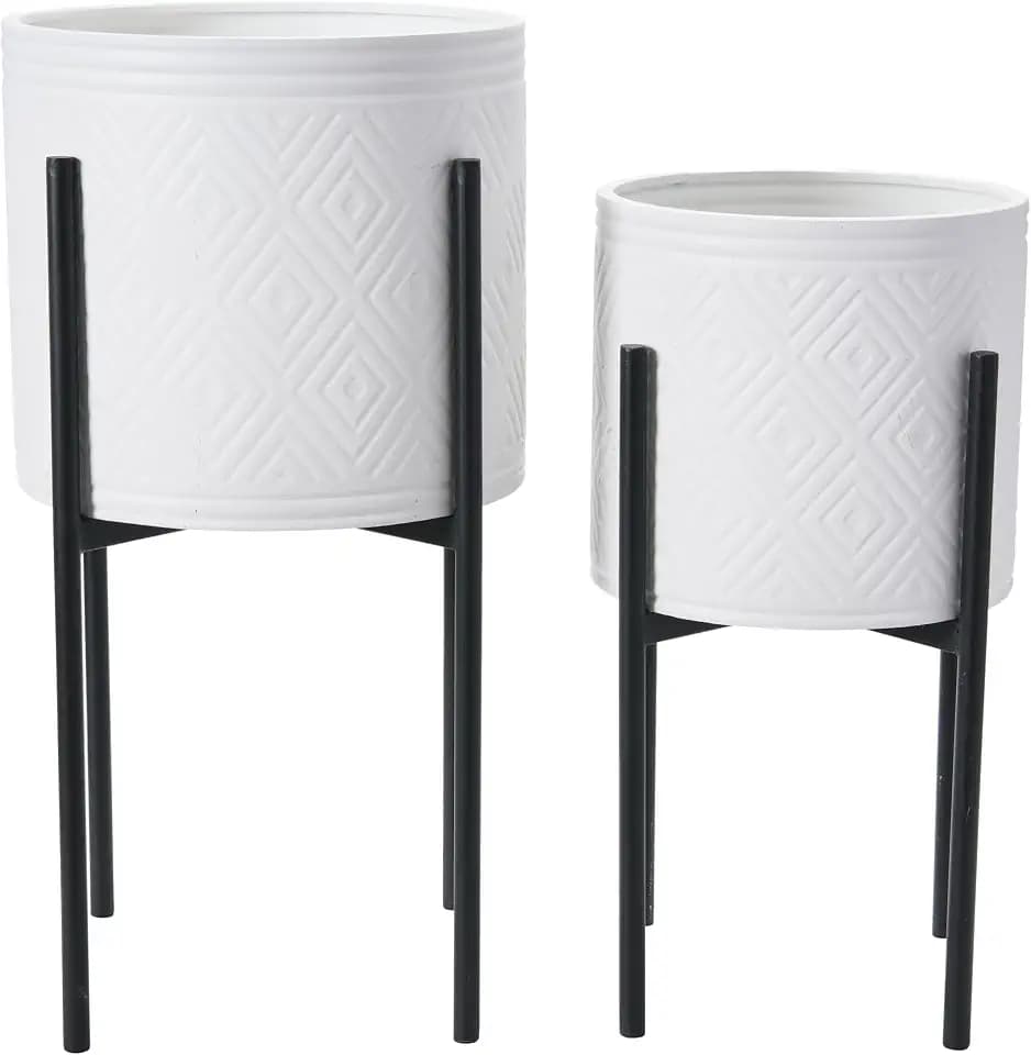 Main + Mesa Modern Boho Embossed Metal Planters with Stands, White and Black, Set of 2 Sizes