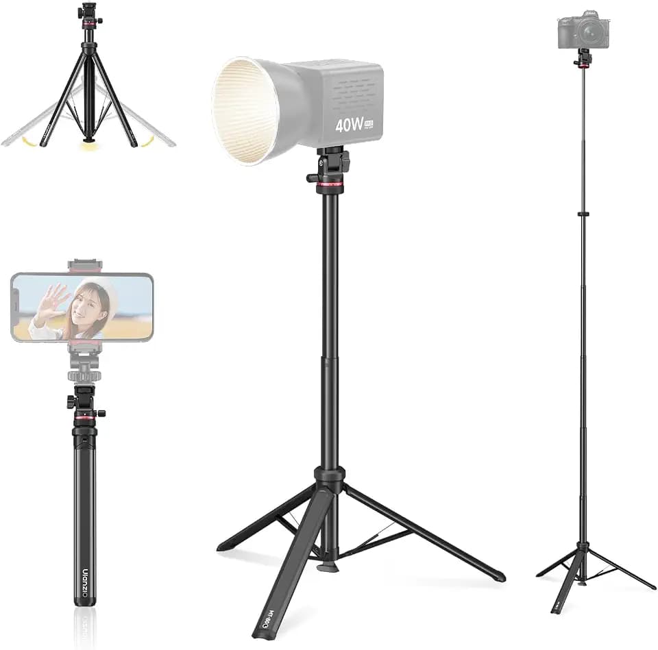 ULANZI MT-80 Ausziehbares Stativ Aluminium, 213cm Lichtstativ tragbares verstellbares mit 1/4" Schraube, 360° Kugelkopf mit Verstärkte Bodennagellöcher, Handy stativ für Kamera, Videolicht, Smartphone