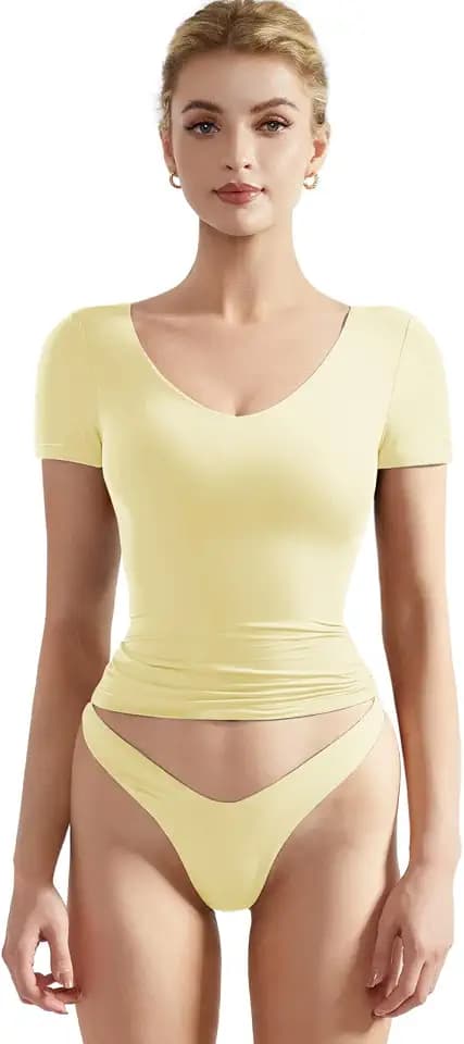 SUUKSESS Women Double Lined Fitted Basic Tee Sexy V Neck Short Sleeve Y2K Crop Top