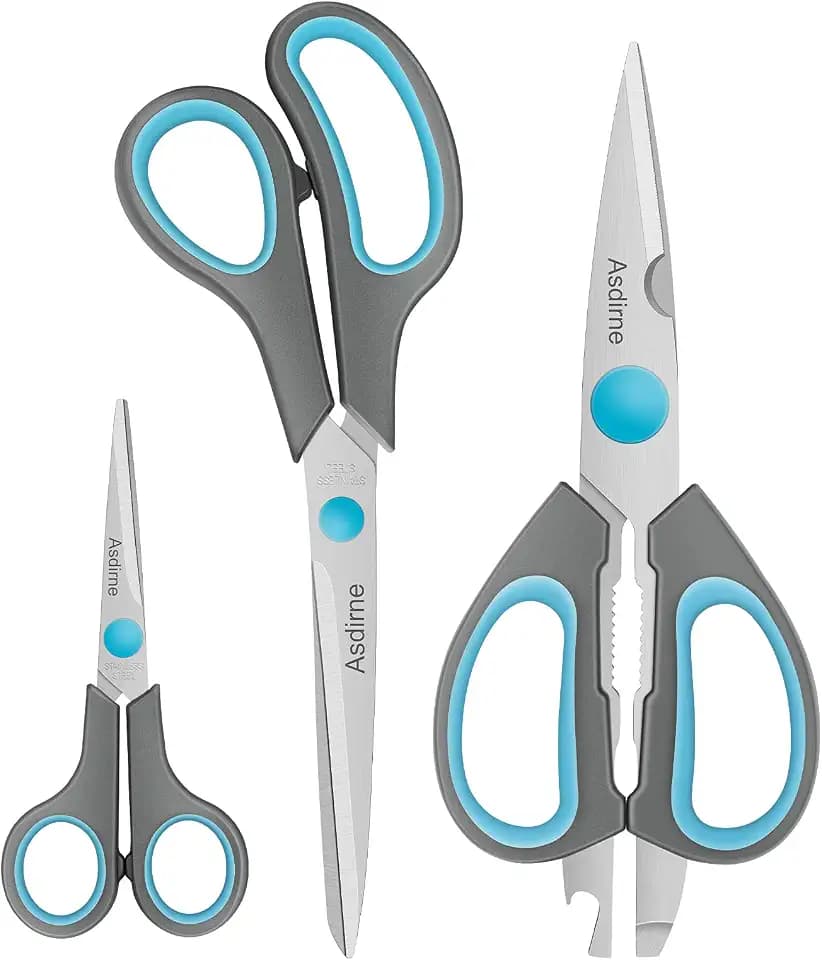 Asdirne Schere, Küchenschere Set mit Scharfen Edelstahlklingen und Weichen Griffen, Multifunktionales Scherenset, 3PCs, Blau/Grau