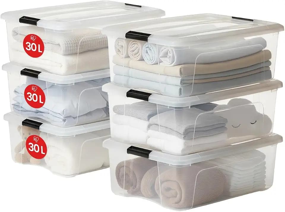 Iris Ohyama, 6er-Set, Aufbewahrungsboxen, 30 L mit Clips, stapelbar, Wohnzimmer, Schlafzimmer, Garage - New Top Box NTB-30 - Transparent