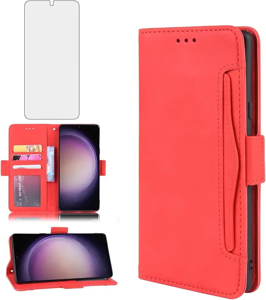 Asuwish Handyhülle für Samsung Galaxy S23 5G Hülle mit Glas Folie Schutzfolie Kartenfach Klappbar Leder Geldbörse Ständer Panzerfolie S 23 23S S23Hülle Handy Hüllen Schutzhülle Phone Case Rot