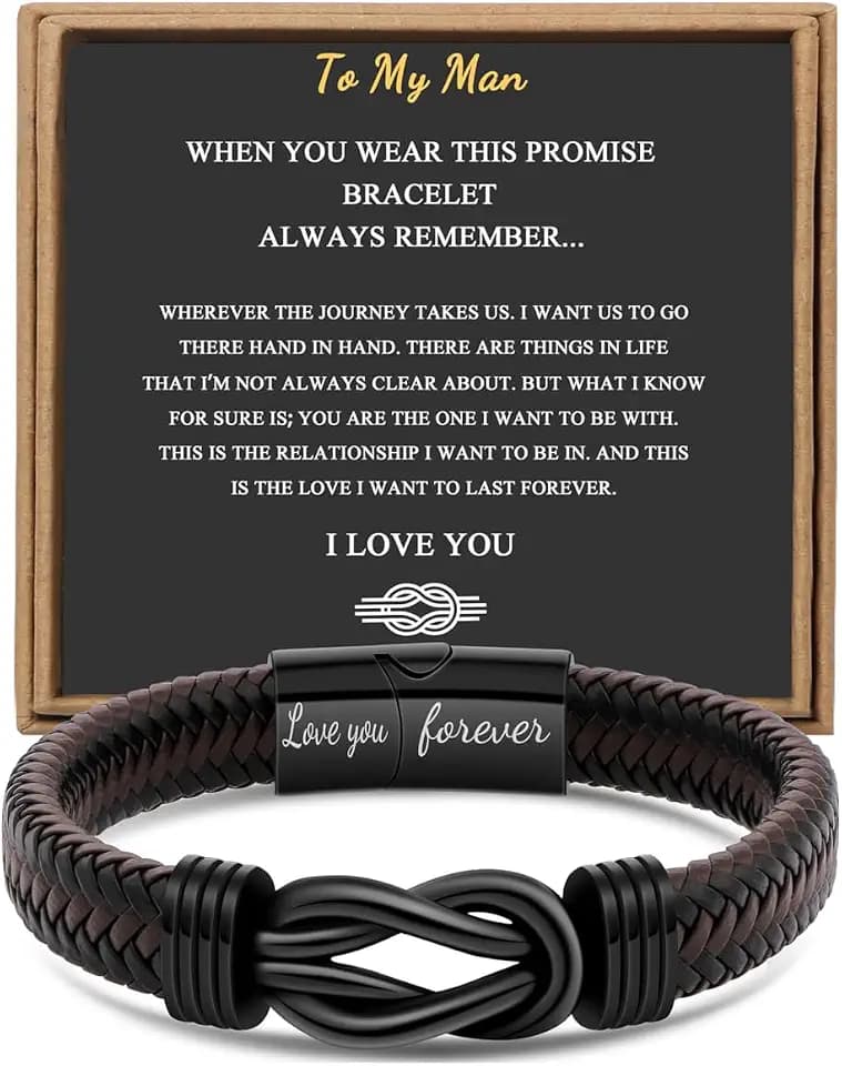 Gift for Men Infinity Bracelet for Men Dad Husband Boyfriend Son Grandson Brother Nephew Uncle Brown Braided Leather Forever Linked Together Stainless Steel Engraved with Love You Forever Jewelry 7.5|8.5|9 Inches