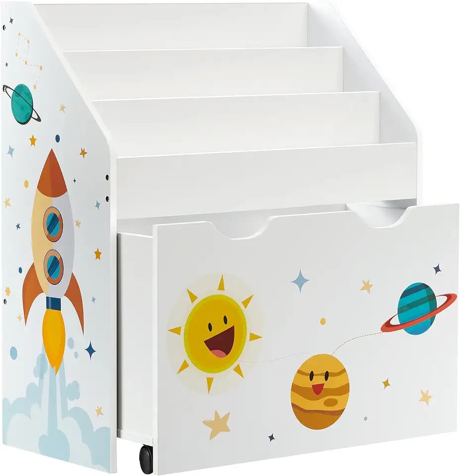 SONGMICS Kinderregal, mit 3 Regalebenen, Aufbewahrungsbox auf Rollen