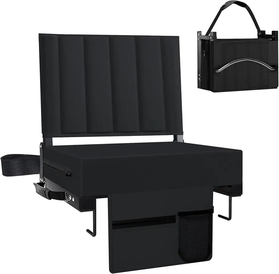 Aliphon Stadium Seat for Bleachers with Back Support and Cushion, Bleacher Seats with Shoulder Strap and Cup Holder, Padded Portable Folding Comfort Stadium Chair, for Sports Events, Black (1pcs)