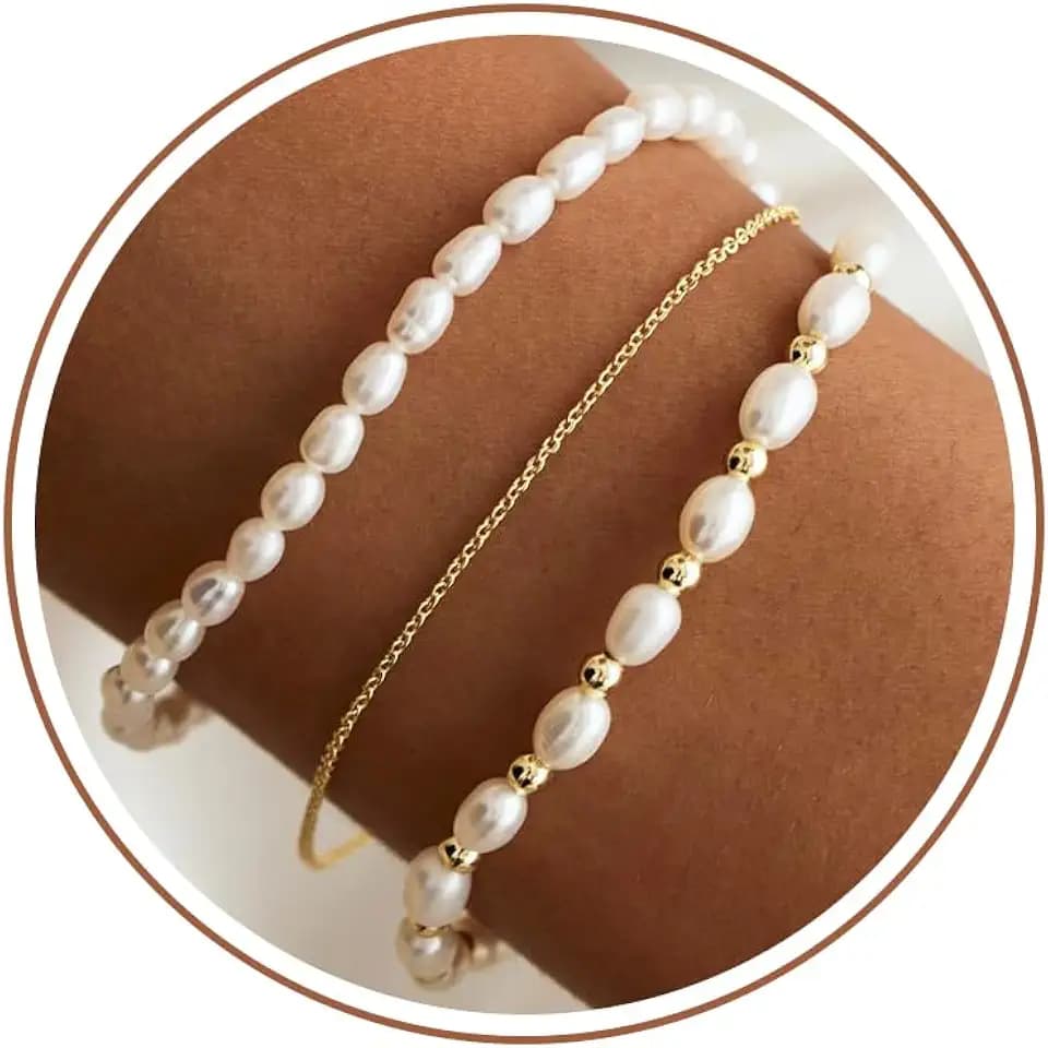 Pearl Bracelets for Women, 14k Gold Plated Dainty Beaded Bracelets Stack Link Chain Charm Bracelets Set Layered Tiny Jewelry for Women Christmas Gifts