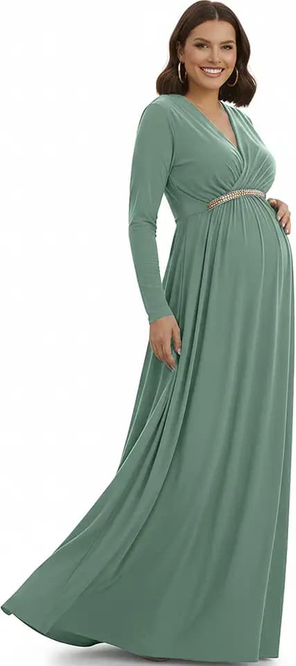 KOH KOH Womens Maternity Long Sleeve V-Neck Flowy Winter Maxi Dress Gown