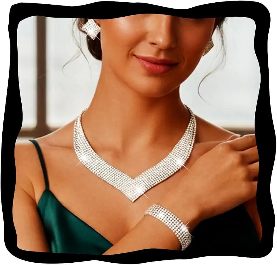 GORAIS Wedding Jewelry Sets Silver Rhinestone Necklace Earrings Bracelet Set for Women and Brides