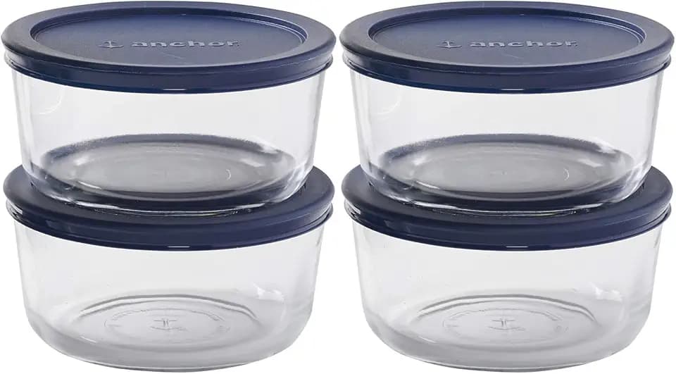 Anchor Hocking SnugFitTM Round Food Storage Containers with Lids (4-Piece, 4-cup, Navy Blue, oven-safe)