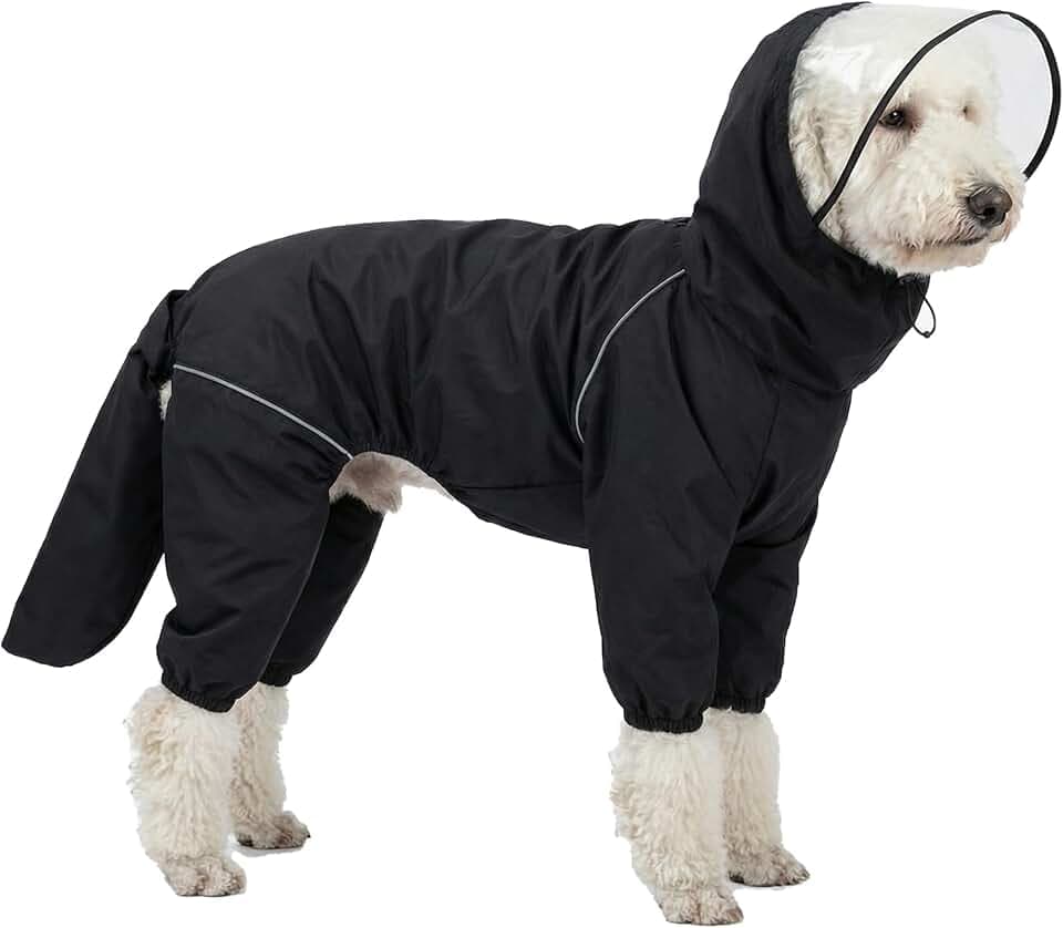 Dog Raincoat for Medium Large Dogs,rain Jacket Coat, Full Leg Coverage Waterproof Rain Suit with Detachable Hood & Tail, Reflective Strips, Snag-Free Top Zipper (Black for Boy, Large)