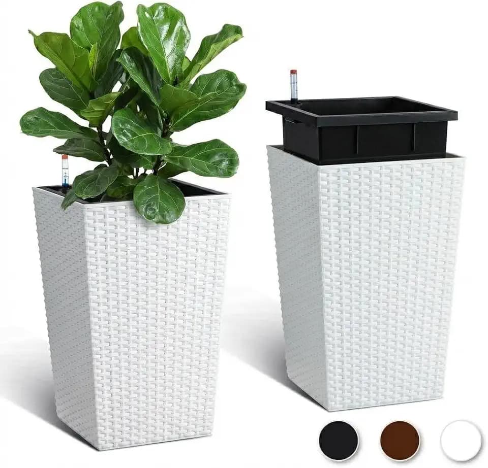 Tall Planters Set of 2,16 Inch Self Watering Planters for Outdoor & Indoor, Large Rattan Style Flower Pots with Drainage, Water Level Monitor & Trays for Patio, Porch, Living Room Office White