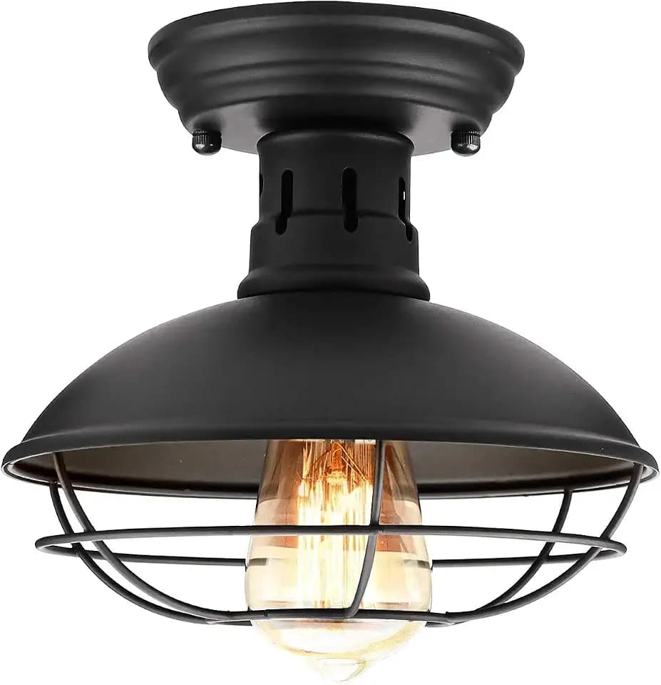 Farmhouse Flush Mount Ceiling Light - Easric Industrial Ceiling Light Fixture Rustic Black Metal Cage Close to Ceiling Lamp E26 Base for Hallway Foyer Kitchen Porch