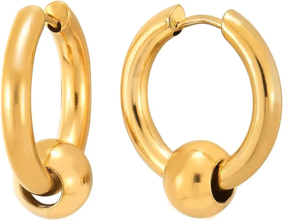 Stainless Steel Circle Beads Huggie Hinged Hoop Earrings for Men Women, 2pc