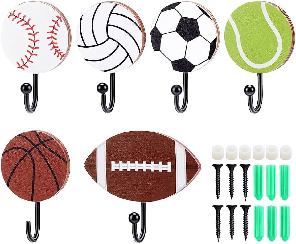 PH PandaHall 6pcs Sport Ball Hooks Sports Decor for Bedroom Wood Coat Hooks Football Soccer Basketball Hook Wall Mounted Bathroom Decor Towel Hanger with Screws for Home Entryway Playroom Hats Keys