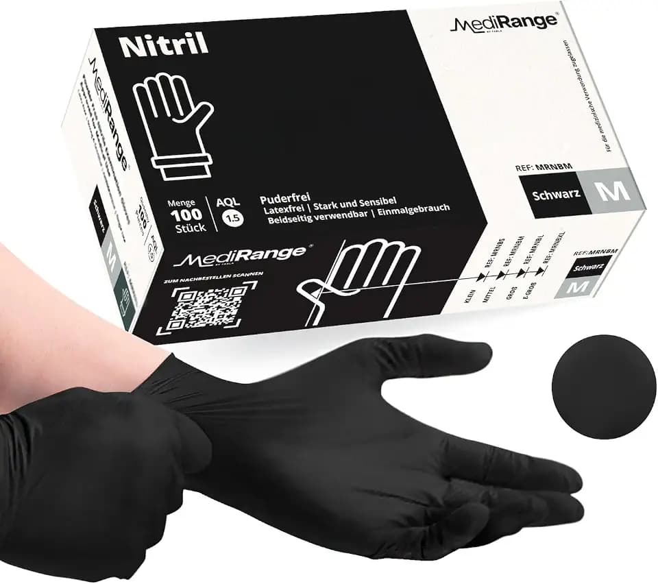 Farla Medical Nitril-Untersuchungshandschuhe - Mittel - Packung mit 100 - Schwarze Einweg-in medizinischer Qualität, geeignet für beide Hände, puderfrei, latexfrei, mit strukturiertem Griff