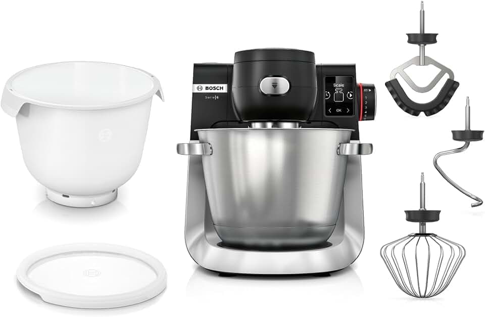 Bosch Küchenmaschine Serie 6, 2 Schüsseln 5,5 l (Edelstahl, Kunststoff), integr Waage, 7 Automatikprogramme, 7 Stufen, Planetenrührwerk, Knethaken/Rühr-/Silikonbesen spülmaschinenfest, MUMS6ZS18