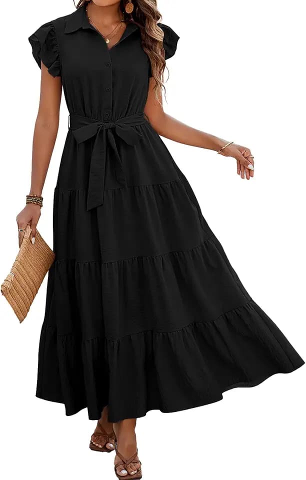 dowerme Women Ruffle Sleeve Button Belted Boho Maxi Dress