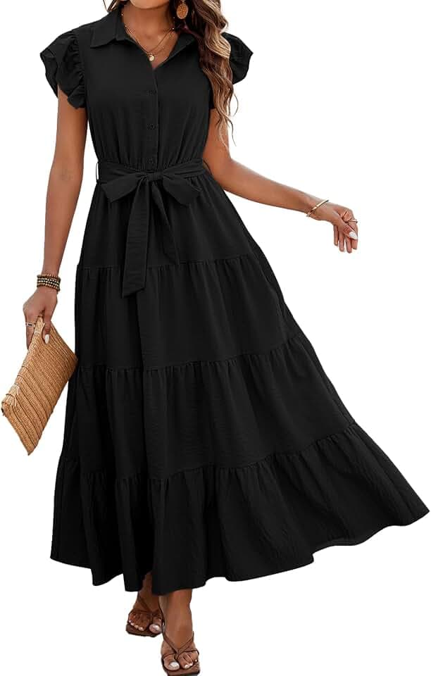 dowerme Women Ruffle Sleeve Button Belted Boho Maxi Dress