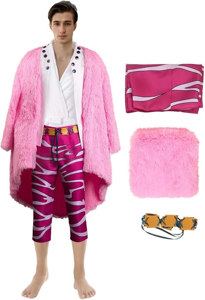 Mens Cosplay Costume Cape Outfit Pink Robe Cloak Sunglasses Halloween Suit