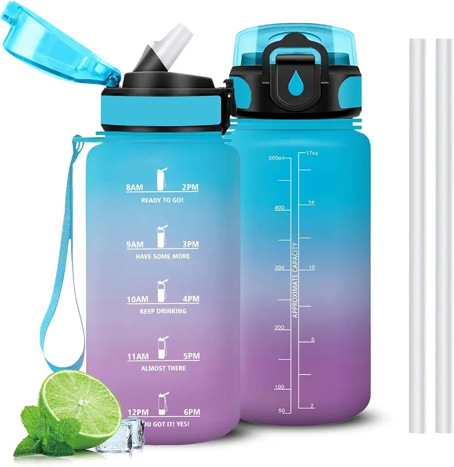 Trinkflasche 500ml, Trinkflasche mit Zeitmarkierung und Schnürung, Trinkflaschen mit Strohhalm, Sichere Verriegelung, Auslaufsichere Wasserflasche mit für Arbeit, Büro, Uni